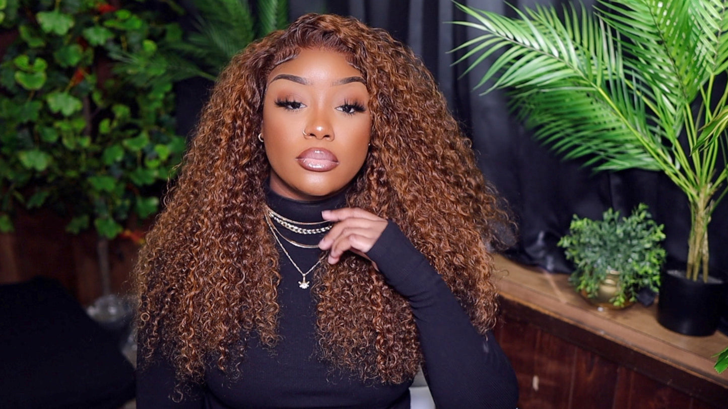 Klaiyi Hair Honey Butta Brown Sugar 13x4 Curly Wig