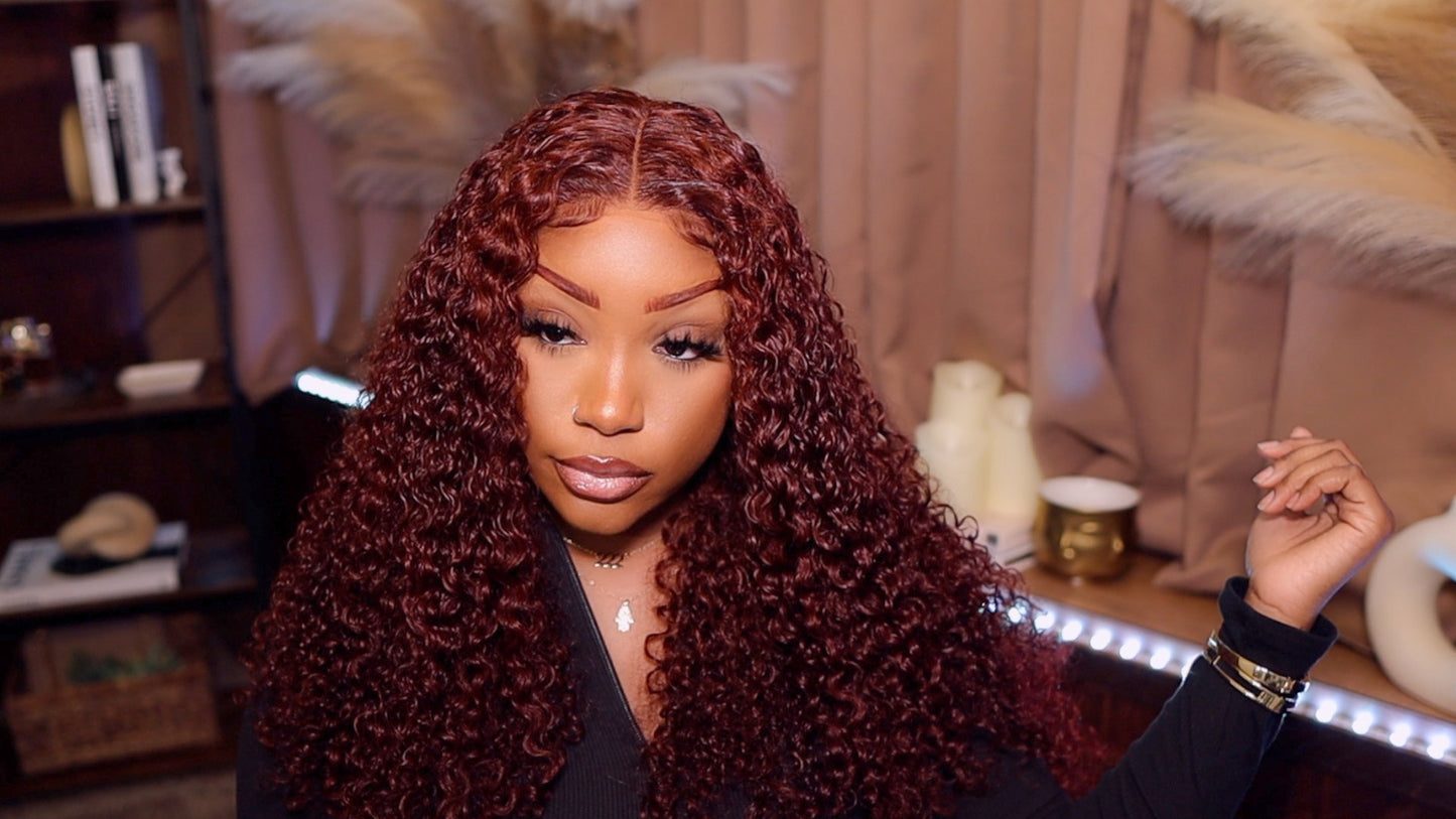 Klaiyi Hair 4*4 Closure Reddish Brown Curly Wig